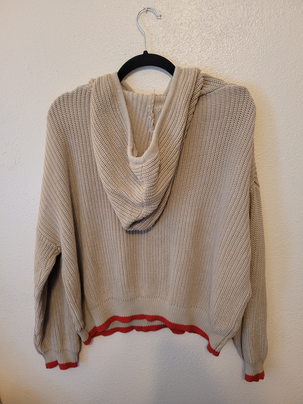 Wishlist Chunky Knit Hooded Sweater Beige Red Trim 100% Cotton Medium - Picture 6 of 9